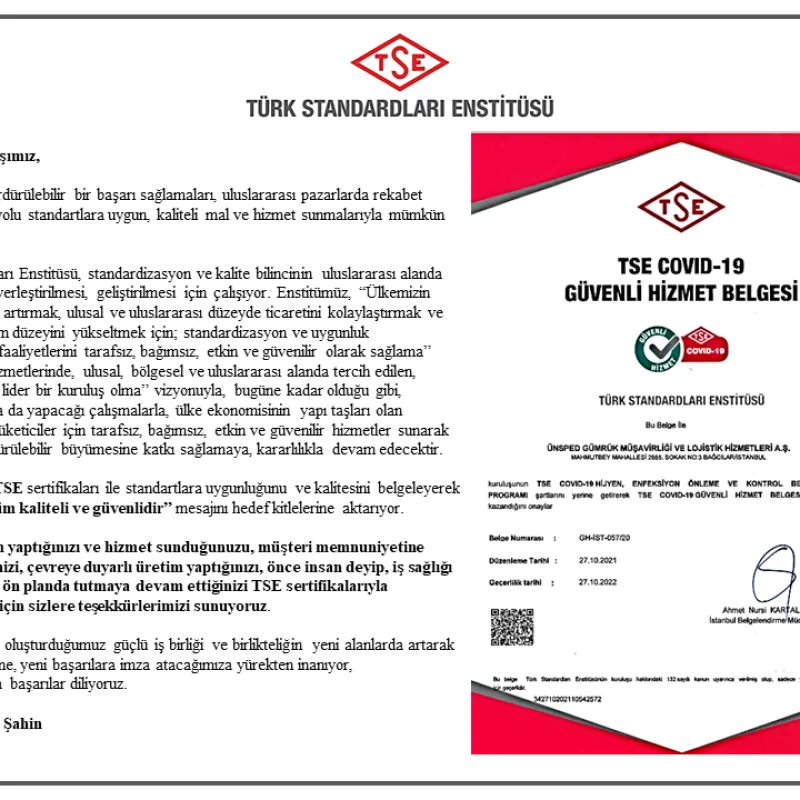 We thanked our company for the importance it has shown to Occupational Health and Safety within the scope of the TSE COVID-19 SAFE SERVICE CERTIFICATE, 