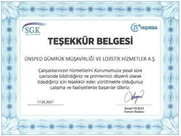 Sosyal Sigortalar Kurumu SGK'dan ÜNSPED'e Teşekkür Belgesi