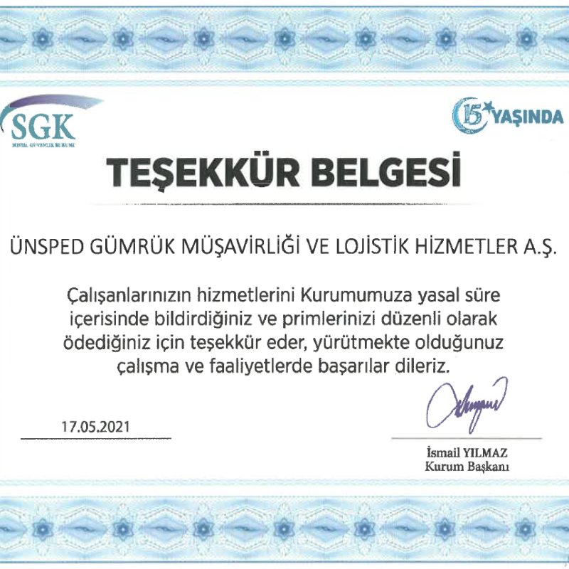 Sosyal Sigortalar Kurumu SGK'dan ÜNSPED'e Teşekkür Belgesi