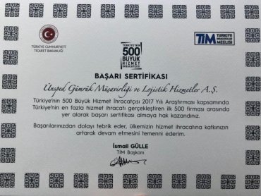  ''Türkiye'nin En Fazla Hizmet İhracatı Gerçekleştiren İlk 500 Firması”Arasında Yer Aldık