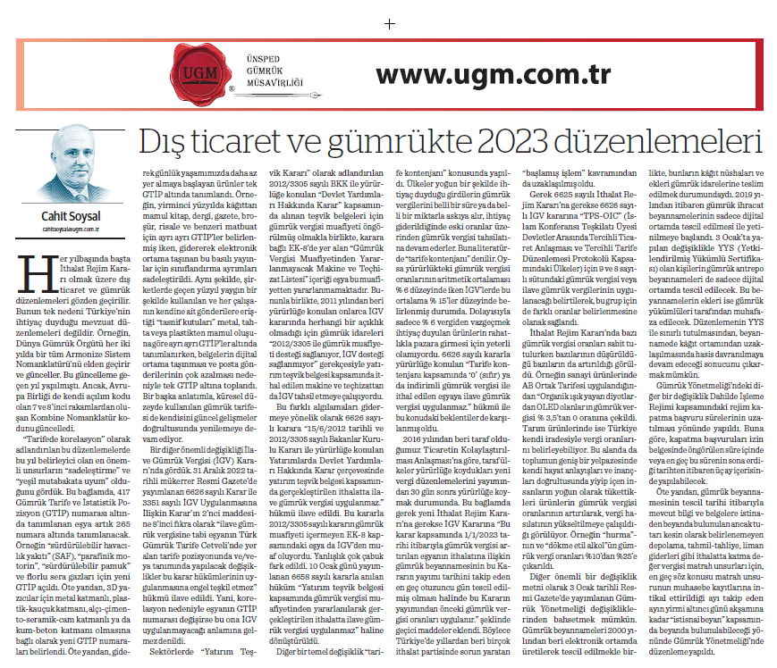  Our Board Member H. Cahit SOYSAL's Article titled 2023 Regulations in Foreign Trade and Customs Was Published on 23.01.2023 in What Kind of Economy