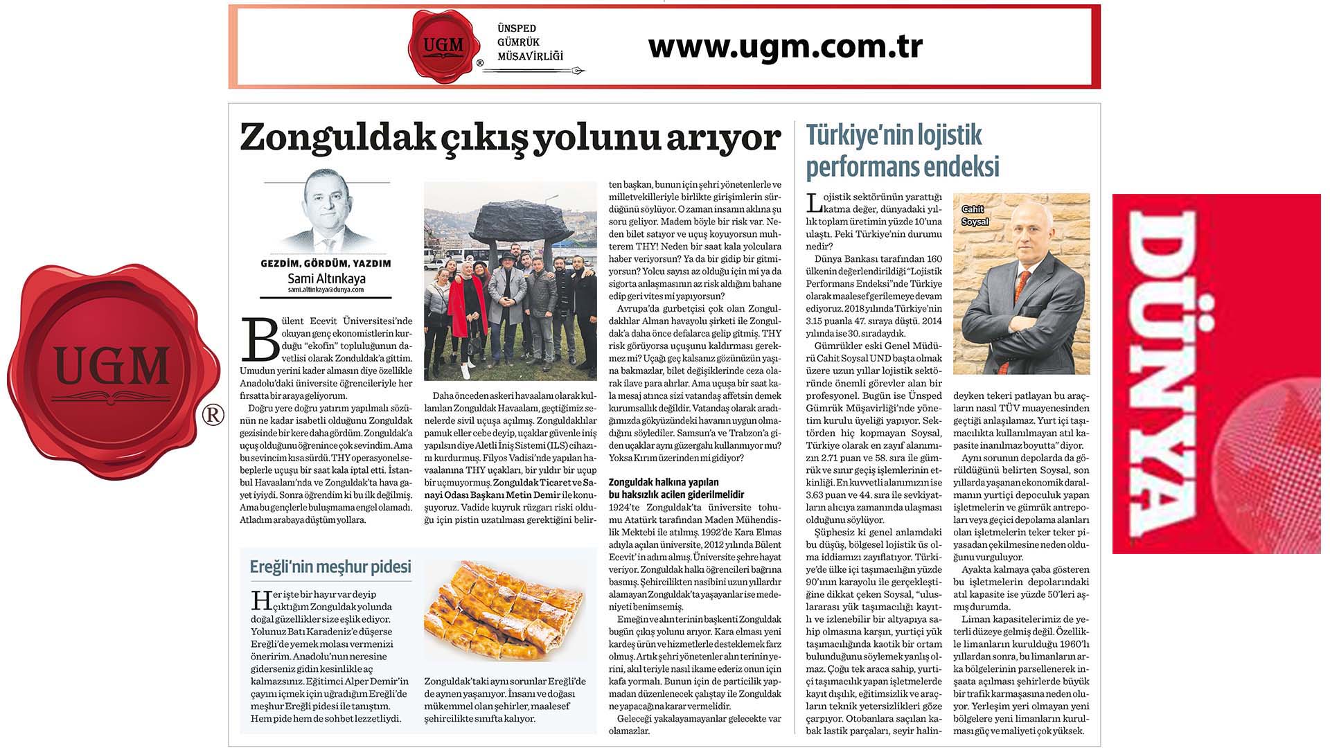 Our UGM Corporate Communications Director Mr. Sami ALTINKAYA's article titled "Zonguldak is Looking for the Way Out" was published in Dünya Newspaper on 17.02.2020.