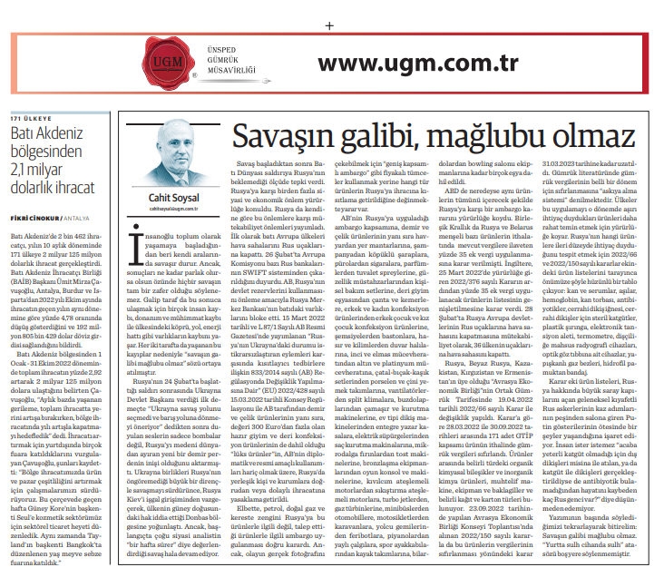  Our Board Member H. Cahit SOYSAL's article titled The Winner of the War Is Not the Loser was Published in Dünya Newspaper on 07.11.2022