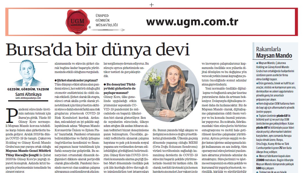 Our UGM Corporate Communications Director Sami Altınkaya's article entitled "A Global Giant in Bursa" was published in the Dünya newspaper on 07.09.2020.