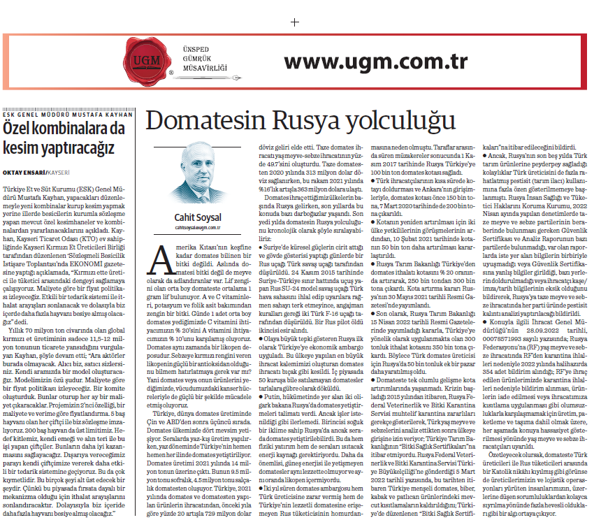  Our Board Member H. Cahit SOYSAL's article titled Tomato's Journey to Russia was Published in What Kind of Economy on 05.12.2022