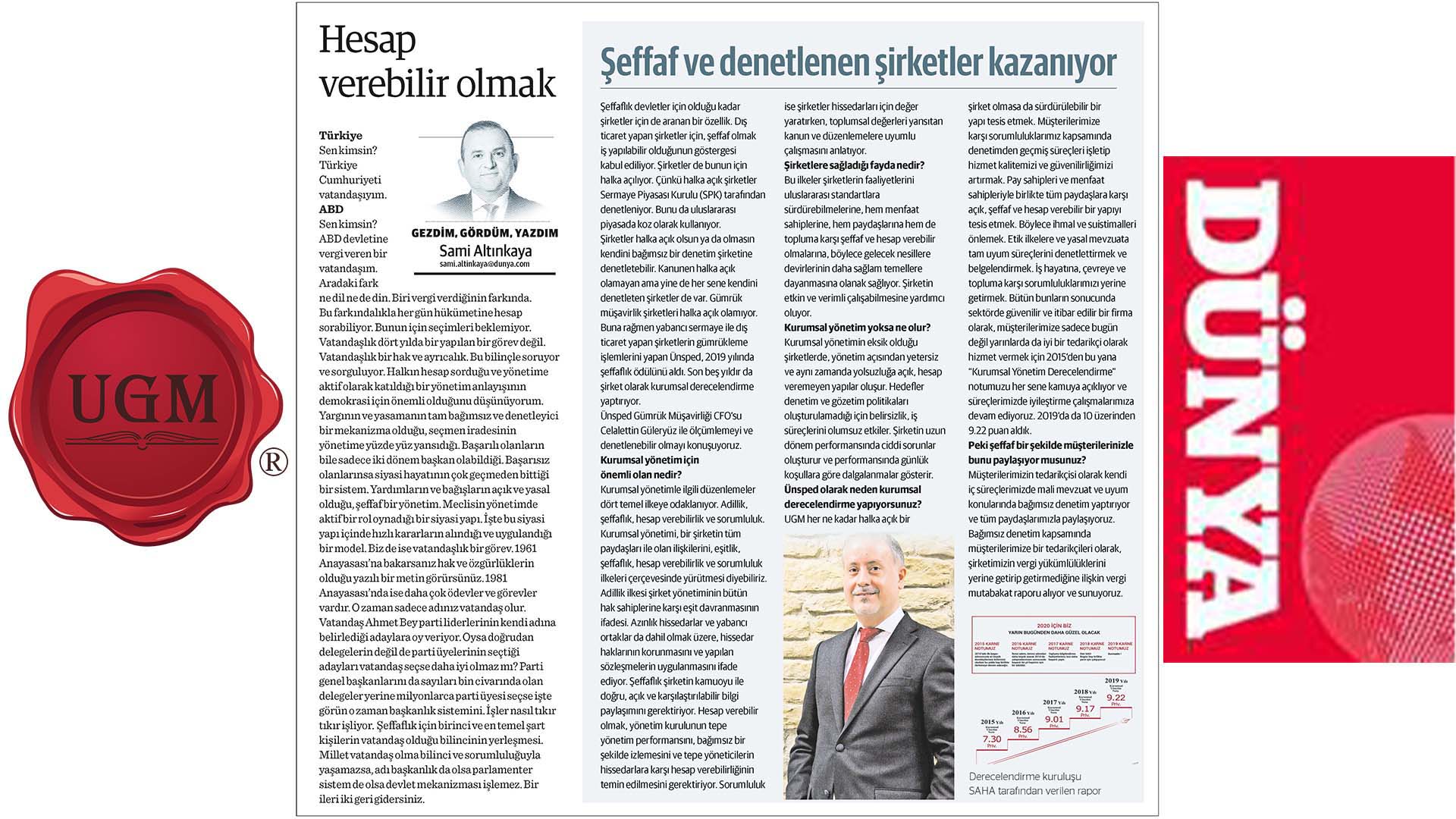 Article of Sami Altınkaya, UGM Corporate Communications Director, titled "Being Accountable" was published in Dünya Newspaper on 27.04.2020.