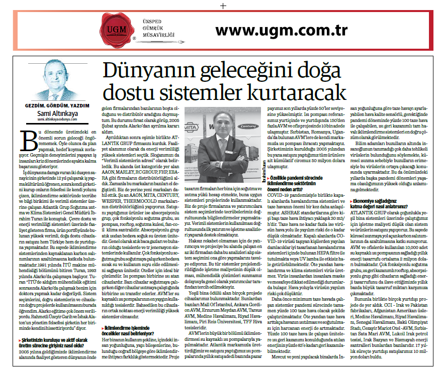 The Article Titled "Eco-Friendly Systems Will Save the Future of the World" by Our Company Consultant Sami Altınkaya was published in Dünya Newspaper on 24.01.2022