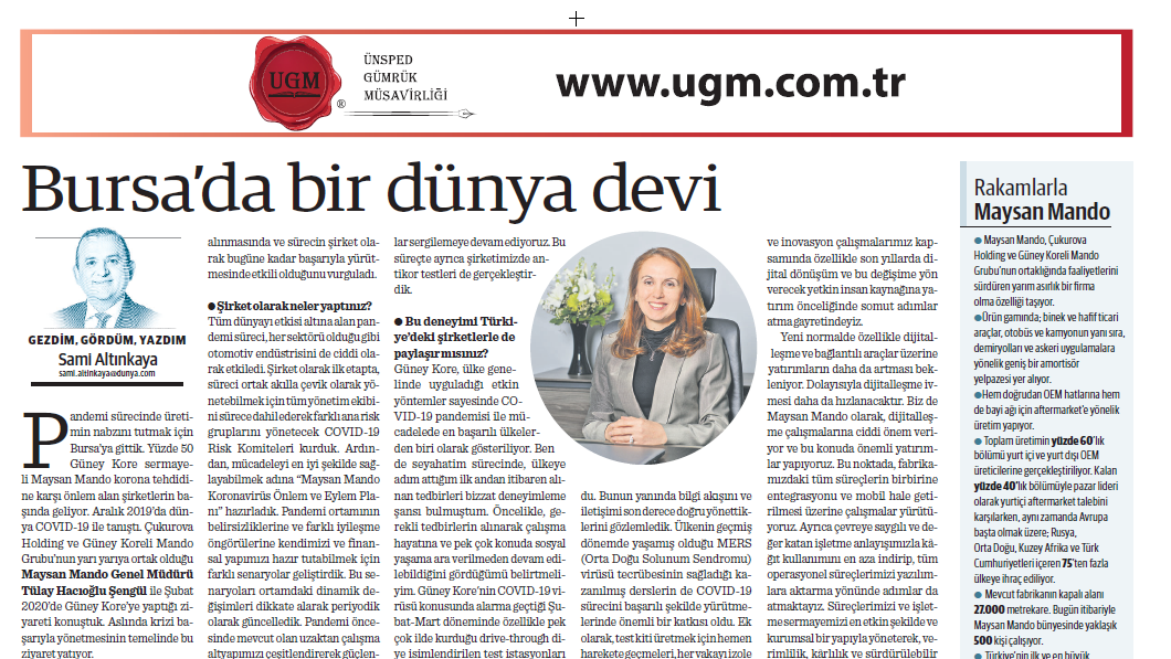 UGM Kurumsal İletişim Direktörümüz Sami Altınkaya'nın " Bursa'da bir dünya devi" başlıklı yazısı, 07.09.2020 tarihinde Dünya Gazetesi'nde yayınlandı.