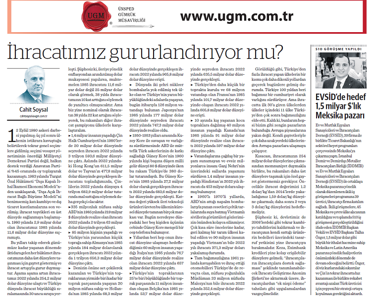 Our Board Member H. Cahit SOYSAL's Do Our Exports Make You Proud? His Article was Published on 17.04.2023 in What Kind of Economy
