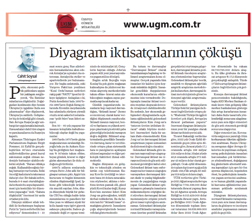 Yönetim Kurulu Üyemiz H. Cahit SOYSAL' ın Diyagram İktisatçılarının Çöküşü Başlıklı Yazısı, 10.10.2022 Tarihinde Dünya Gazetesi'nde Yayımlandı