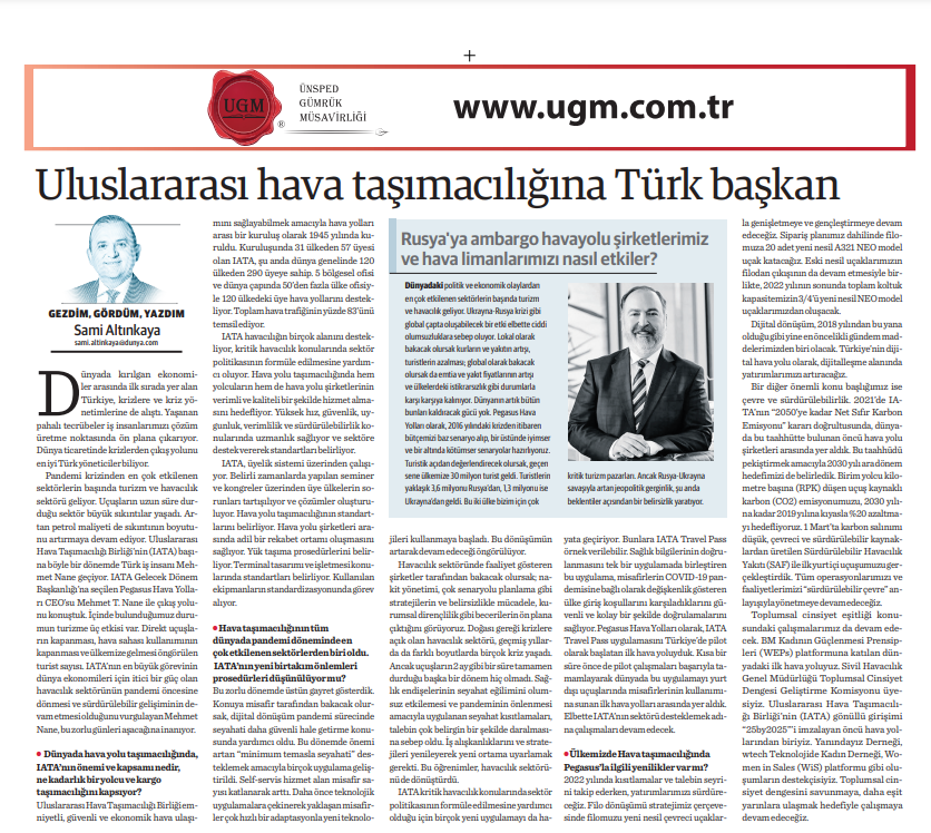Our Company Consultant Sami Altinkaya's Article Titled Turkish President for International Air Transport was published in Dünya Newspaper on 28.03.2022 