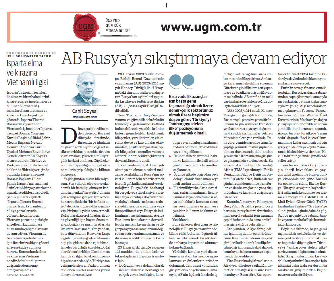 Our Board Member H. Cahit SOYSAL's Article Titled EU Continues to Squeeze Russia was Published in 'Nasıl Bir Economi' Magazine on 10.07.2023