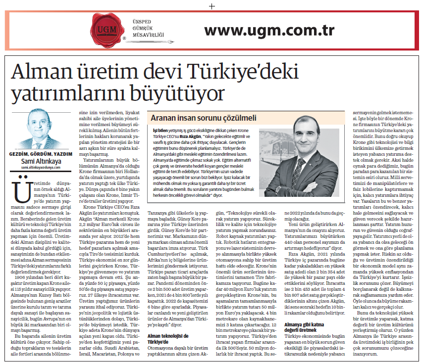 The Article of Our Company Consultant Sami Altınkaya Entitled "The German Production Giant Is Growing Its Investments in Turkey was published in Dünya Newspaper on 31.01.2022 