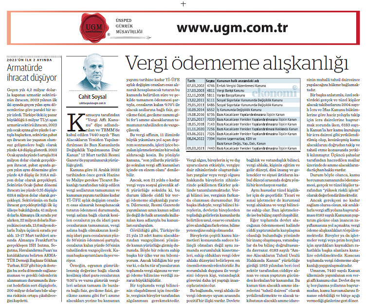 Our Board Member H. Cahit SOYSAL's Article entitled Habit of Not Paying Taxes Was Published On 20.03.2023 In What Kind of Economy?