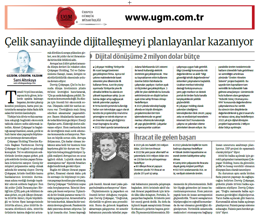 The Article of Our Company Consultant Sami Altınkaya Entitled "Those Who Plan to Digitize in the Steel Industry Are Winning" was published in Dünya Newspaper on 08.11.2021.