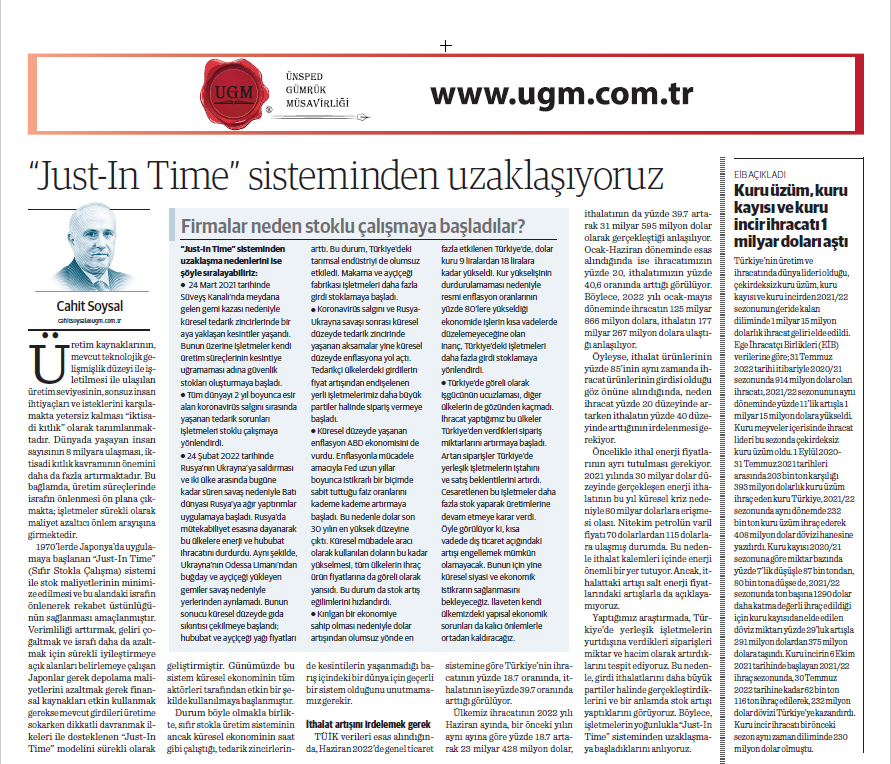 Article of our Board Member H.Cahit SOYSAL entitled “We Are Moving Away From Just -In Time” System was Published in Dünya Newspaper on 08.08.2022