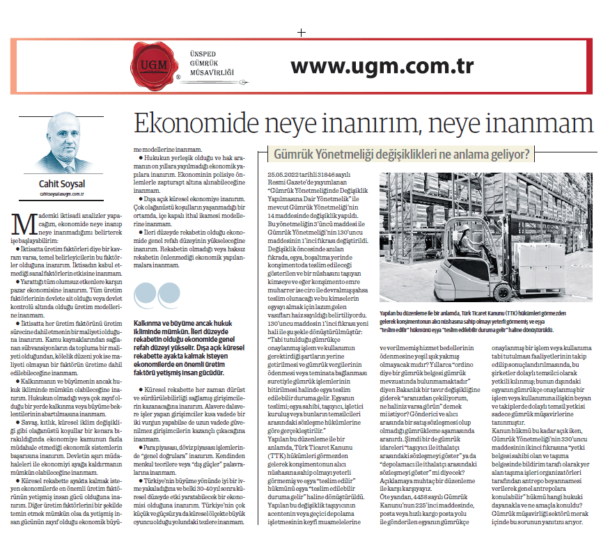 Our Member of the Board of Directors H. Cahit SOYSAL's Article entitled What I Believe in Economics and What I Don't Believe in was Published in Dünya Newspaper on 30.05.2022