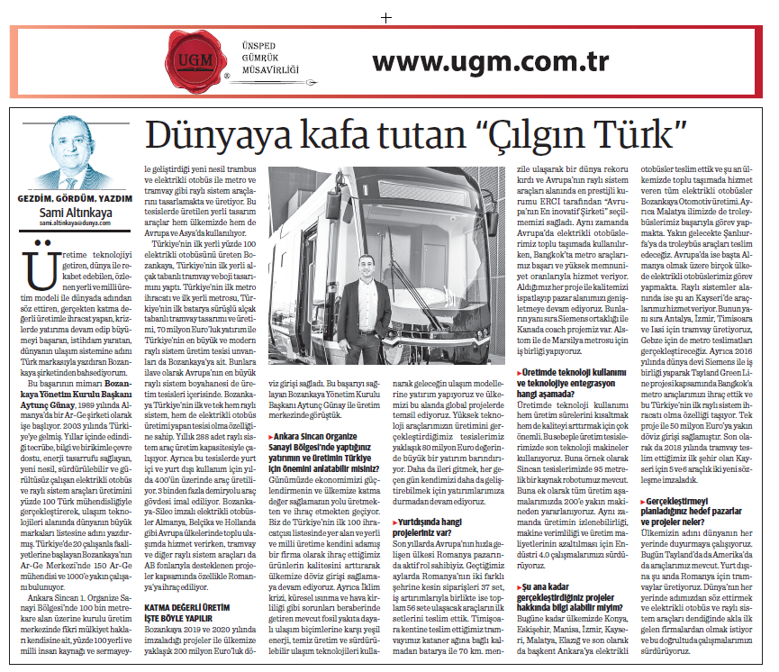 Şirket Danışmanımız Sami Altınkaya'nın "Dünyaya Kafa Tutan “Çılgın Türk” " Başlıklı Yazısı, 03.01.2022 Tarihinde Dünya Gazetesi'nde Yayımlandı.