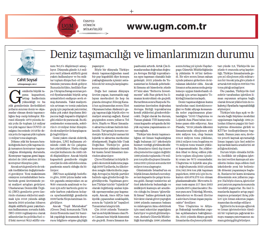  Our Board Member H. Cahit SOYSAL's Article titled Maritime Transportation and the Status of Our Ports was Published in Dünya Newspaper on 24.10.2022