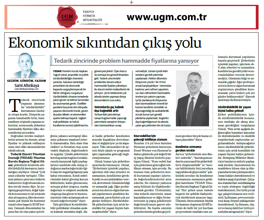 The Article Titled "The way out of economic distress" by Our Company Consultant Sami Altınkaya was published in Dünya Newspaper on 
