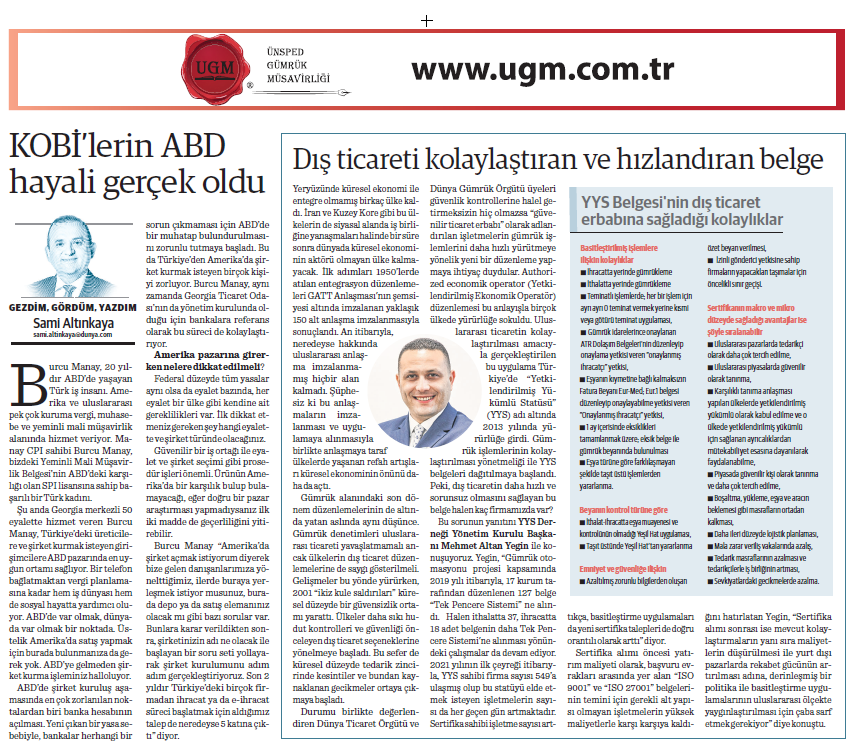 Our company consultant Sami Altınkaya's article entitled "SMEs' dream of the United States has come true" was published in the Dünya newspaper on 29.03.2021.