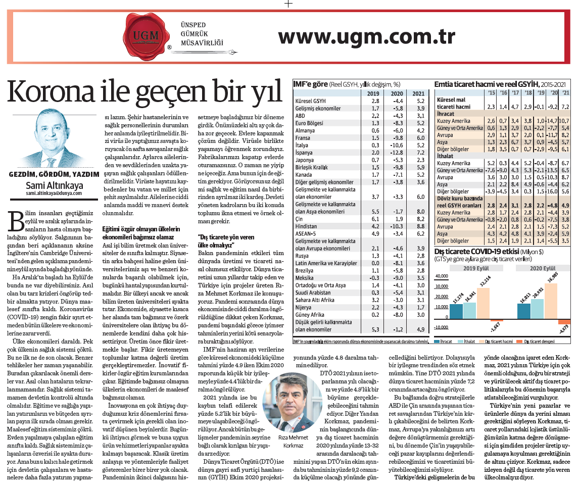 Our UGM Corporate Communications Director Sami Altınkaya's article entitled "A Year with Corona" was published in Dünya newspaper on 26.10.2020.