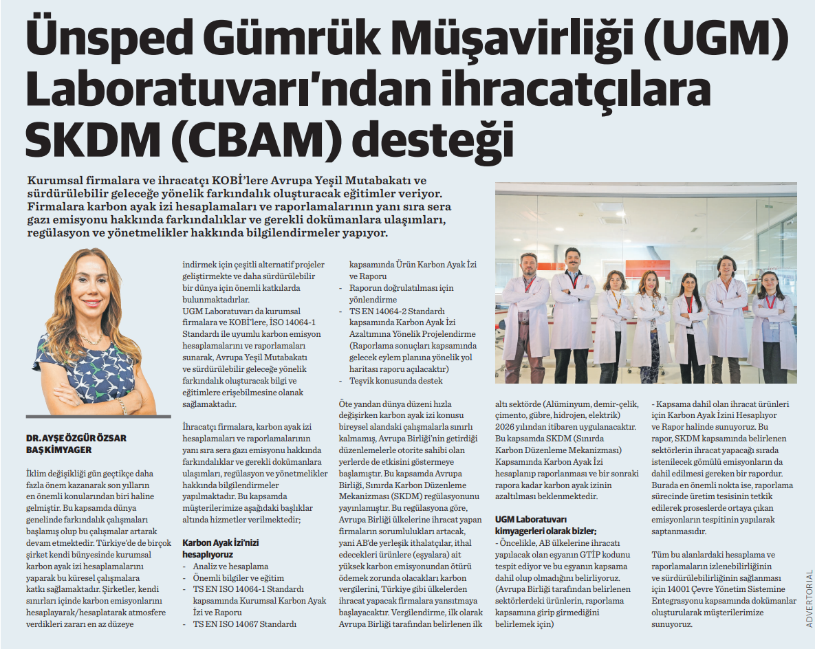 Ünsped Gümrük Müşavirliği (UGM) Laboratuvarı’ndan İhracatçılara SKDM (CBAM) Desteği