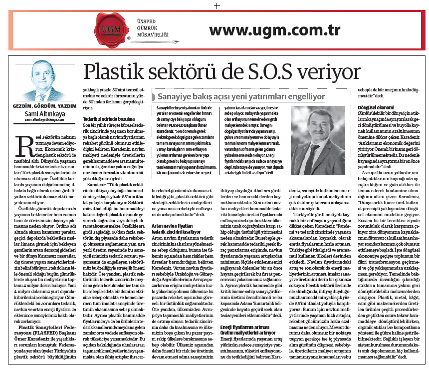 Our Company Consultant Sami Altınkaya's article titled "Plastic Industry Also Expects Help" was published in Dünya Newspaper on 13.12.2021