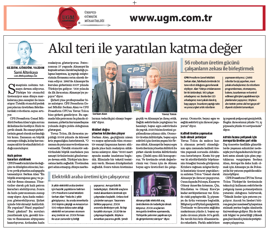 Our company consultant Sami Altınkaya's article entitled "added value created by mental sweat” was published in Dünya newspaper on 03.05.2021.