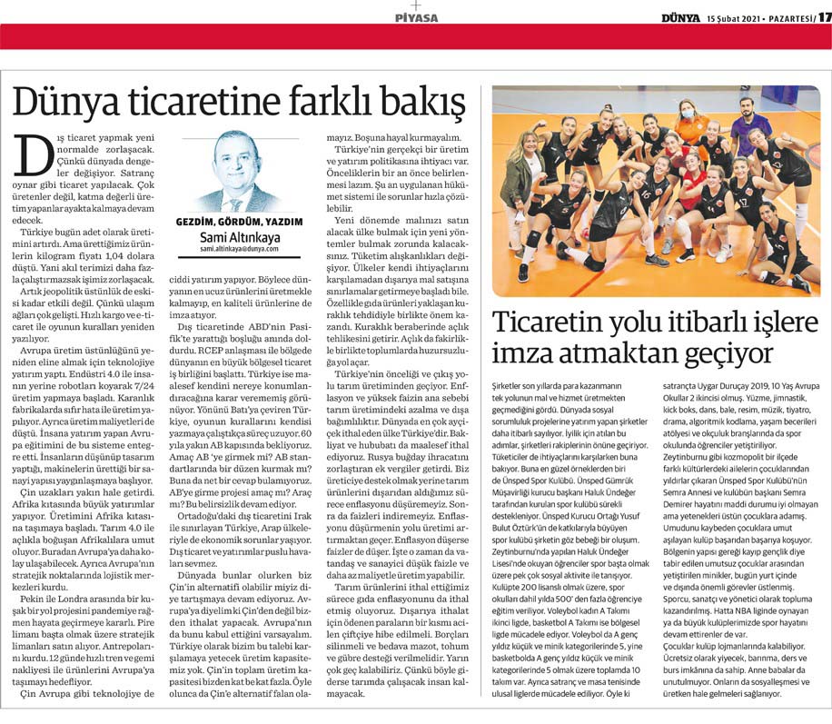 Our company consultant Sami Altınkaya's article entitled "Different view of World Trade" was published in Dünya newspaper on 15.02.2021.