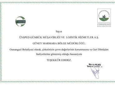 Certificate of Gratitude to our South Marmara Regional Directorate 