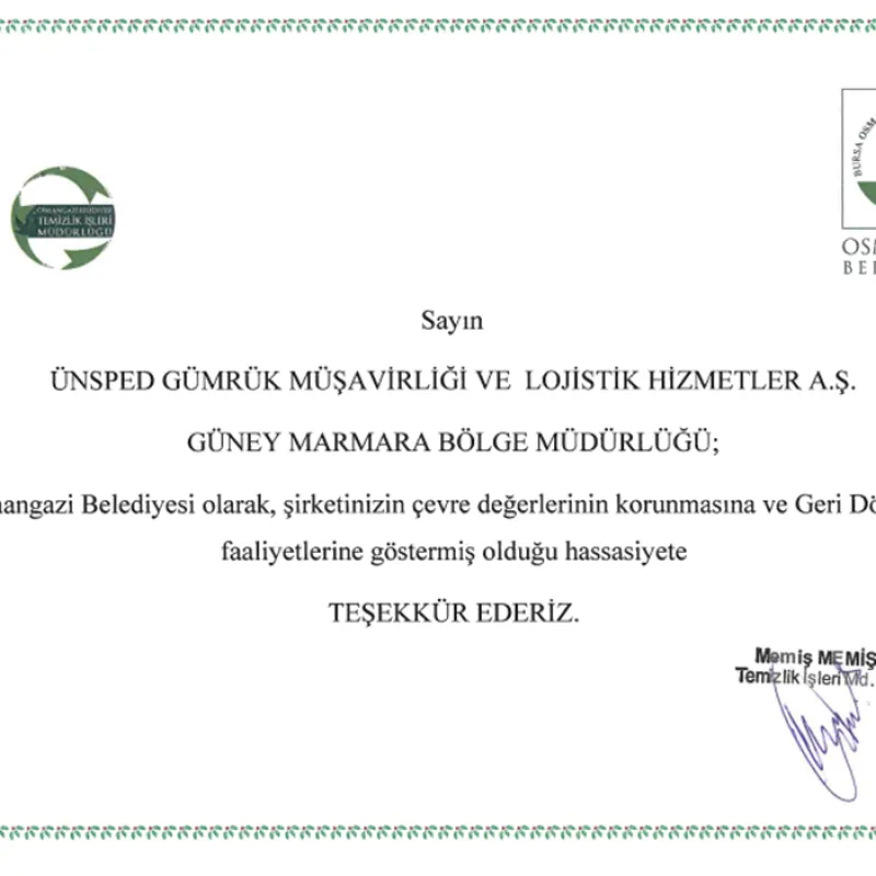 Certificate of Gratitude to our South Marmara Regional Directorate 