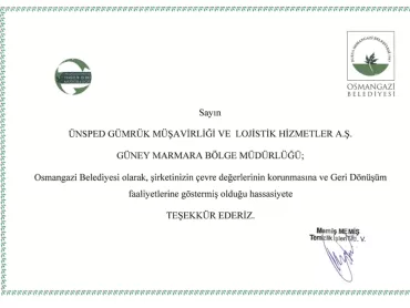 Güney Marmara Bölge Müdürlüğü'müze Teşekkür Sertifikası