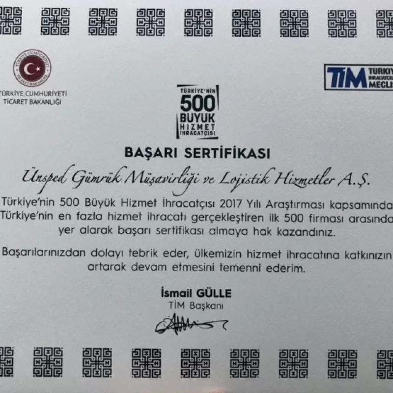  ''Türkiye'nin En Fazla Hizmet İhracatı Gerçekleştiren İlk 500 Firması”Arasında Yer Aldık