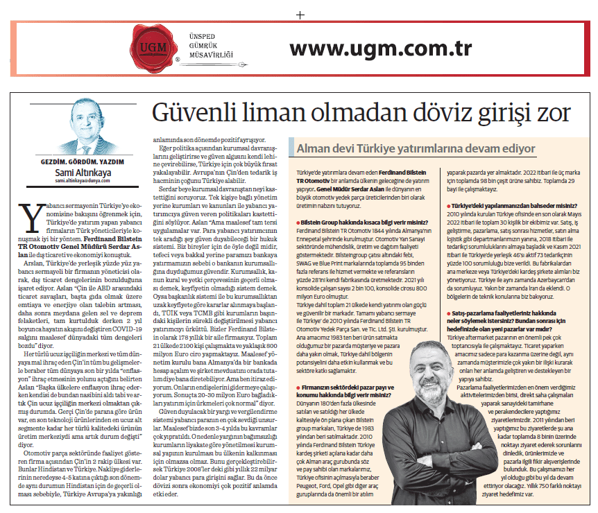 Our Company Consultant Sami Altinkaya's Article titled Foreign Exchange Entry is Difficult Without a Safe Harbor was Published in Dünya Newspaper on 09.05.2022 