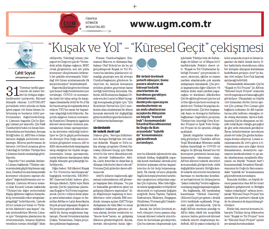 Our Board Member H. Cahit SOYSAL's article titled Belt and Road – Global Gateway Conflict was Published on 07.08.2023 in 'Nasıl Bir Ekonomi'.