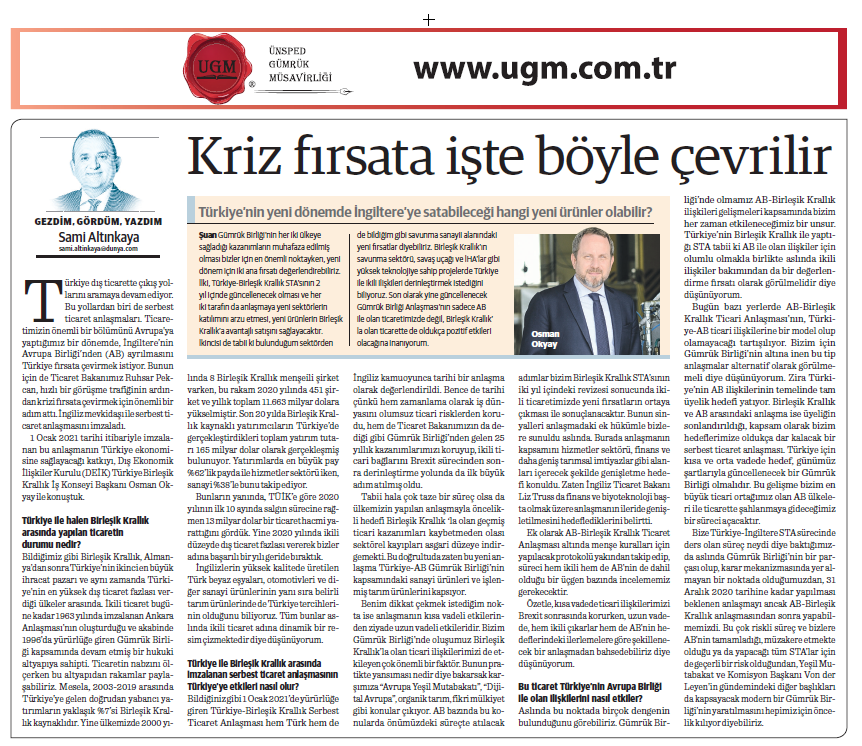 Our company consultant Sami Altınkaya's article entitled "Crisis is converted into opportunity" was published in Dünya newspaper on 18.01.2021.
