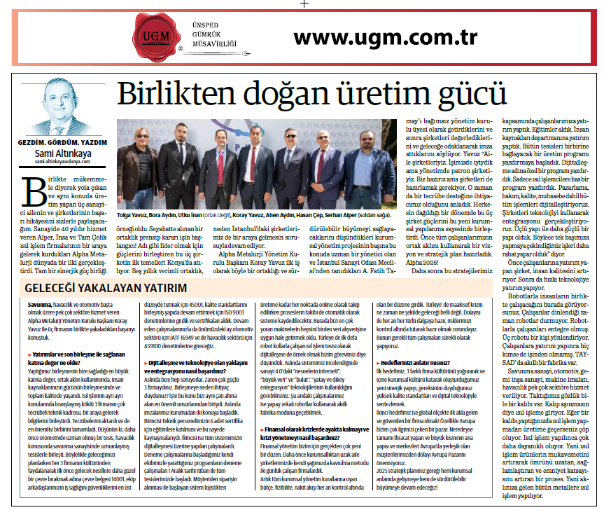 Our Company Consultant Sami Altınkaya's article titled "Production Power Results From the Unity" was published in Dünya Newspaper on 20.12.2021.